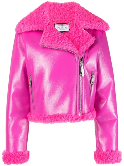 Philipp Plein Shearling-trim Leather Biker Jacket In Pink