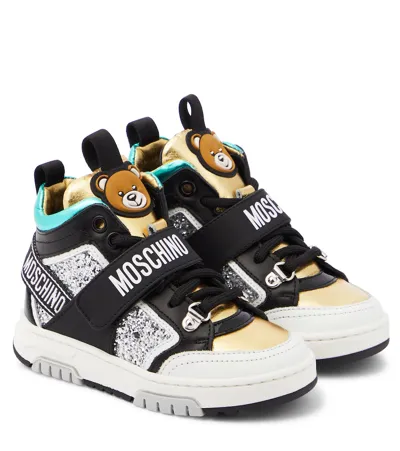 Moschino Kids' Logo Leather High-top Sneakers In Multicoloured