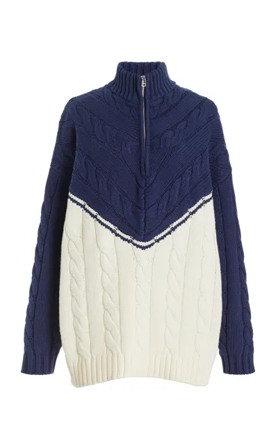 Staud Hampton Half Zip Cable Tunic Sweater In Navy