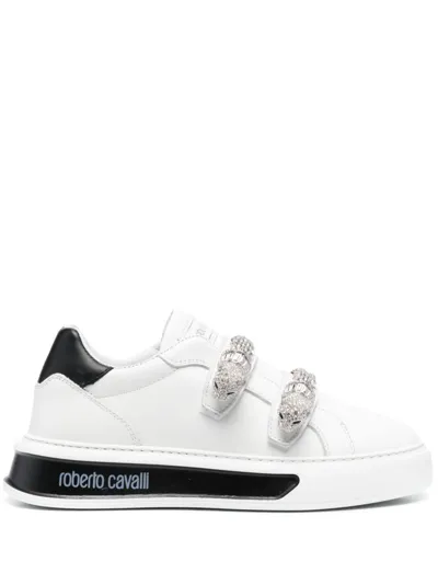 Roberto Cavalli Rhinestone-embellished Leather Sneakers In Blanco