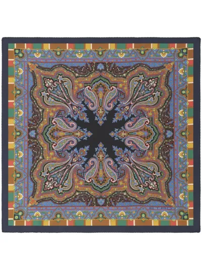 Etro Graphic-print Silk Pocket Square In Blue