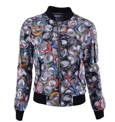 Pre-owned Moschino Couture Nylon Bomber Jacke Mit Dosen Print Grau Schwarz 04579