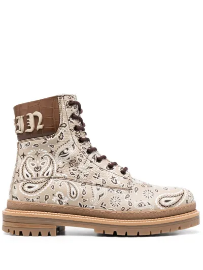 Philipp Plein Paisley-print Leather Ankle Boots In Beige