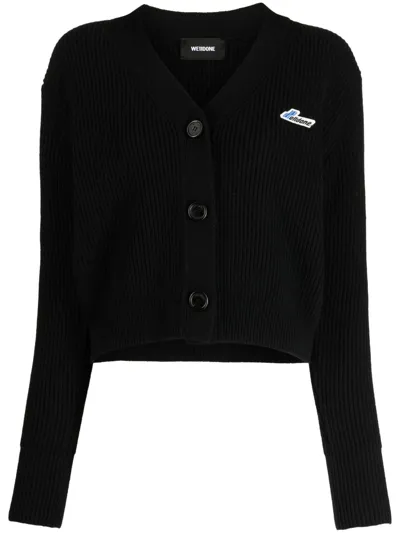 We11 Done Logo-patch Ribbed-knit Wool Cardigan In Black