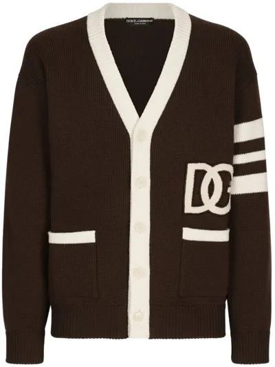 Dolce & Gabbana Logo-patch V-neck Cardigan In Dark Brown,ivory