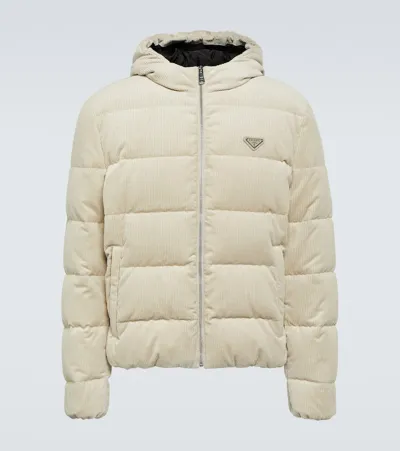 Prada Corduroy Padded Down Jacket In Beige Khaki