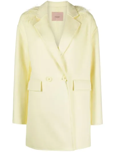 Twinset Feather-trim Wool-blend Double-breasted Coat In Yellow