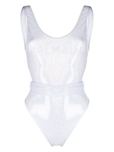 Balmain Logo-print Glitter Swimsuit In White