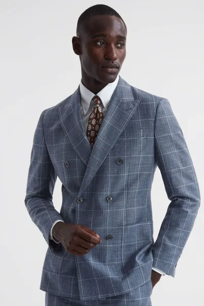 Reiss Indigo Slim Fit Wool Linen Check Double Breasted Blazer