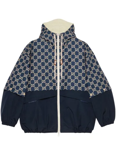 Gucci Double G Zip-up Hooded Jacket In Blue