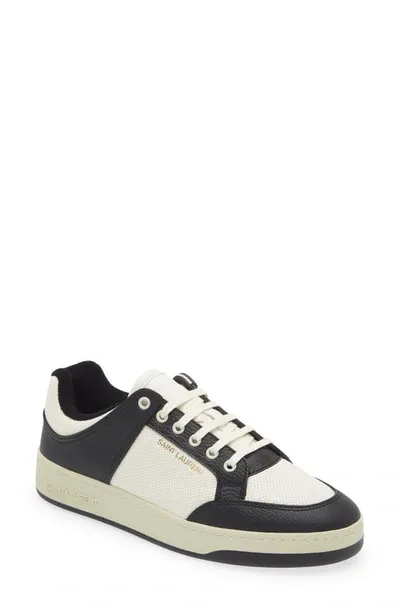 Saint Laurent Sl 61 Logo-embossed Leather Low-top Trainers In White Black