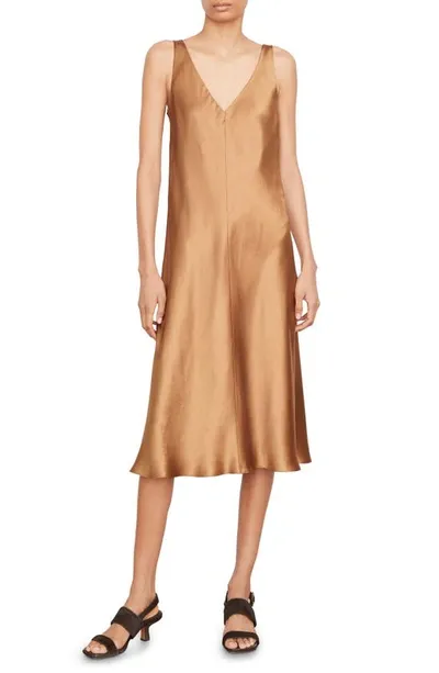 Vince Double V-neck Slip Midi Dress In Brown