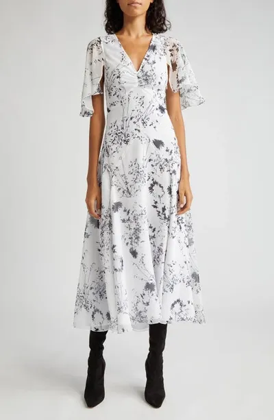 Victoria Beckham Floral-print Flutter-sleeve Godet Maxi Dress In Floral White Black