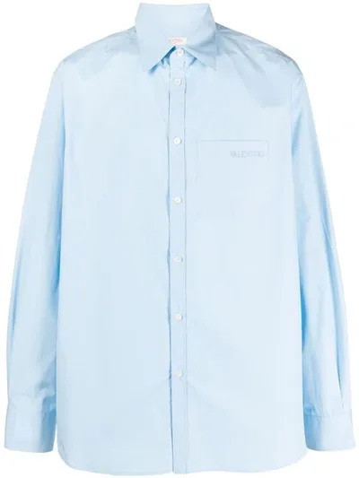 Valentino Logo-embroidered Cotton Shirt In Light Blue