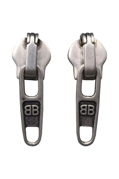 Balenciaga Zip-up Earrings In Antique Silver