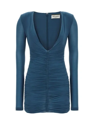 Saint Laurent Cupro Dress In Blue