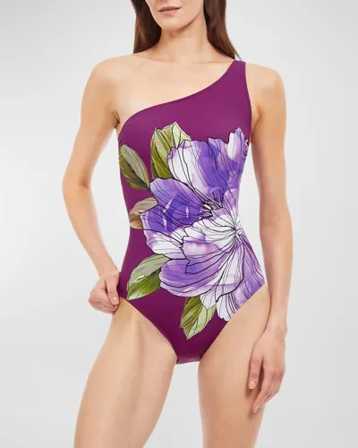 Gottex Wild Flower One Shoulder One Piece Swimsuit In Plum Multi