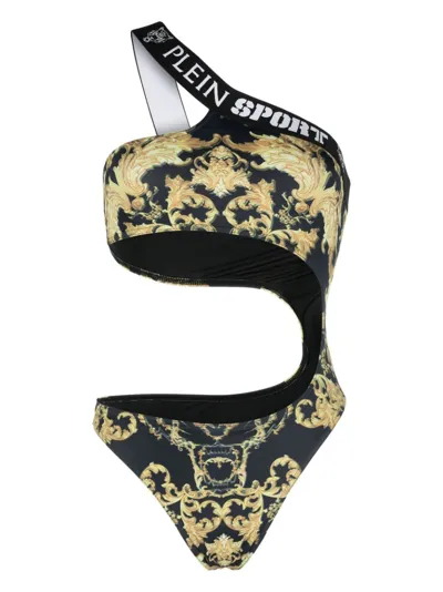 Plein Sport Baroque-print Cut-out Swimsuit In Black