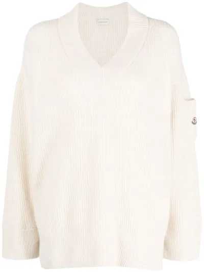 Moncler V-neck Wool-blend Jumper In Neutrals