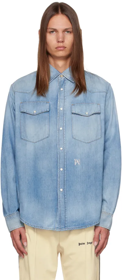 Palm Angels Monogram-embroidered Denim Shirt In Blue