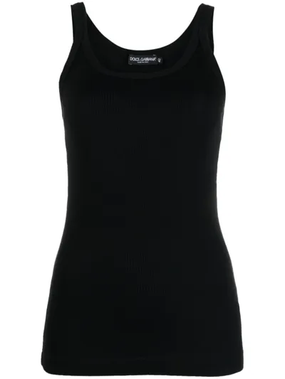 Dolce & Gabbana Logo Patch Cotton Jersey Ribbed Tank Top In Nero