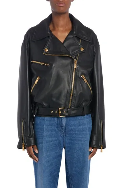 Versace Leather Biker Jacket In Black