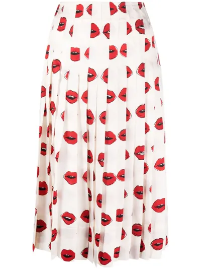 Khaite Tudi Lips-print Pleated Skirt In Cream Red