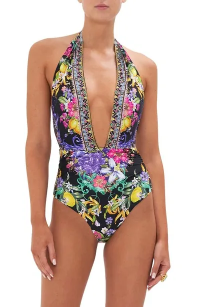 Camilla Meet Me In Marchesa Halter Plunge One-piece Swimsuit