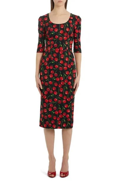 Dolce & Gabbana Cherry-print Midi Dress In Ciliegie Fdo Nero