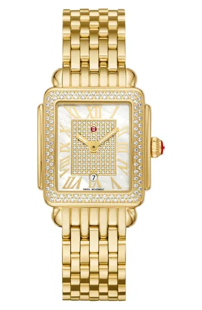 Michele Deco Madison Mid Pave 18k Gold Plated Watch With Mother-of-pearl In Yellow Gold