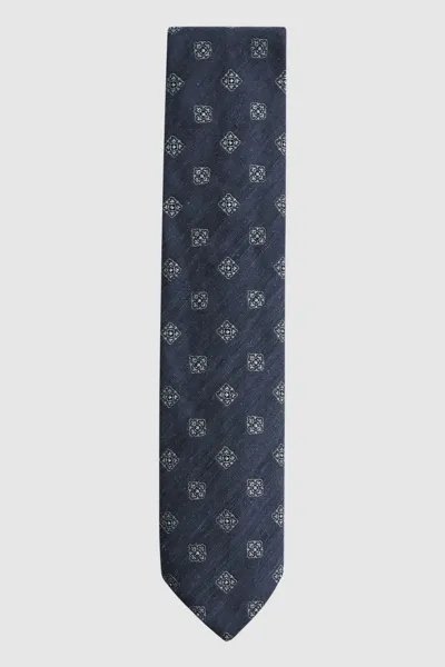 Reiss Navy Textured Silk Medallion Tie In Blue