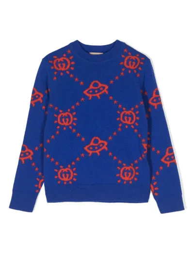 Gucci Gg Ufo-intarsia Wool Jumper In Blau