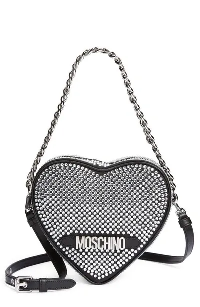 Moschino Heart Crystal Embellished Handbag In Black