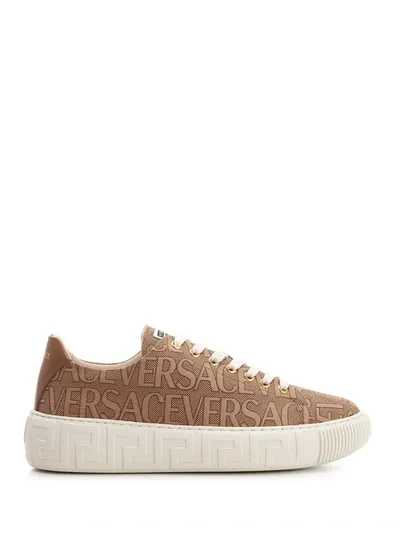 Versace Allover Greca Sneakers In Beige