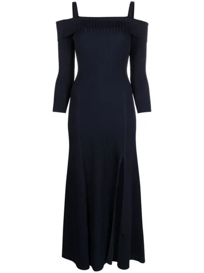 Ganni Knit Off-the-shoulder Maxi Dress In Navy