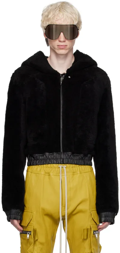 Rick Owens Black Hooded Shearling Jacket In 09 Black