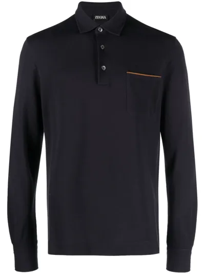 Zegna Long-sleeve Cotton Polo Shirt In Blue