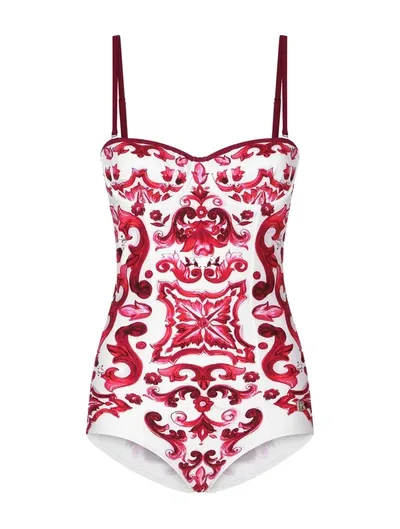 Dolce & Gabbana Majolica Print Balconette One-piece Swimsuit In Multicolor