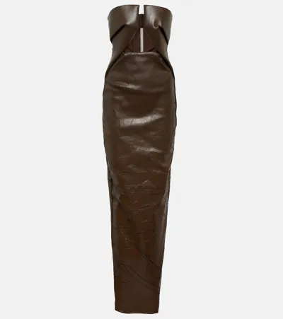 Rick Owens Strapless Coated Denim Gown In Brown