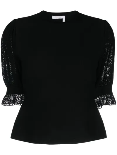 Chloé Wool-blend Lace-sleeves Top In Black