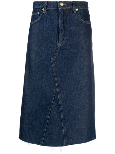 Ganni Heavy Raw-cut Hem Denim Midi Skirt In Blau