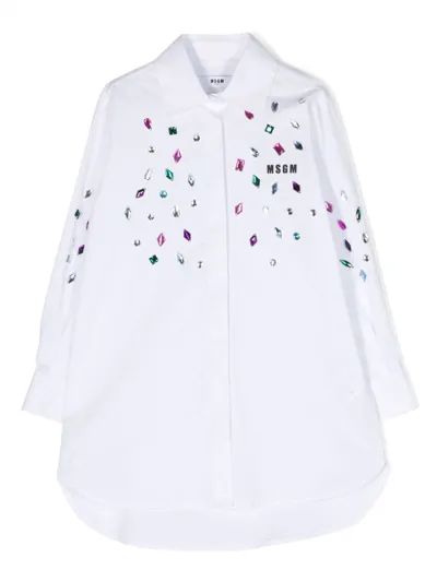 Msgm Kids' Logo-print Crystal-embellished Shirt In Weiss