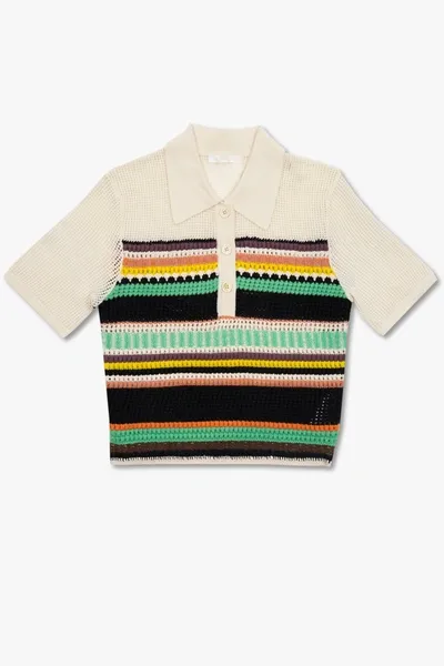 Chloé Striped Crochet Crop Polo Shirt In Multicolore