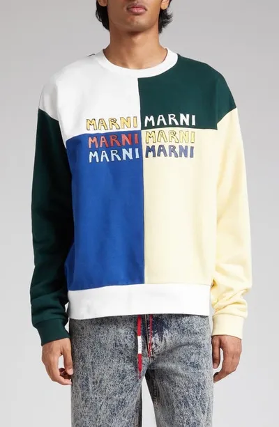 Marni Colorblock Cotton Logo Graphic Sweatshirt In Multicolor