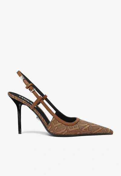 Versace 95 Logo Slingback Pumps In Brown