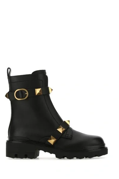 Valentino Garavani Woman Black Leather Roman Stud Ankle Boots