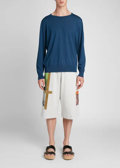 Dries Van Noten Men's Haskos Terry Club-print Shorts In Cement