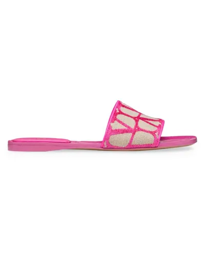 Valentino Garavani Strappy Iconographe Canvas Slippers In Pink White