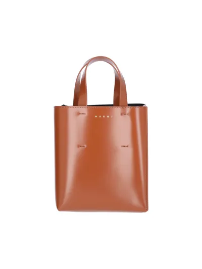 Marni Logo Printed Drawstring Tote Bag In Brown