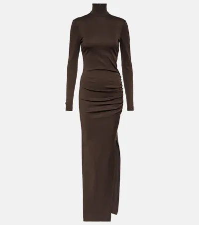 Dolce & Gabbana Turtleneck Jersey Maxi Dress In Brown